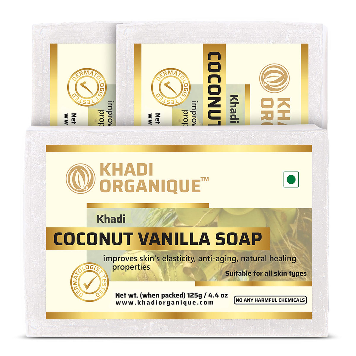 Image 1 of 125 gm / Pack of 3 for the product Khadi Organique Natural Herbal Handmade Coconut Vanilla Soap