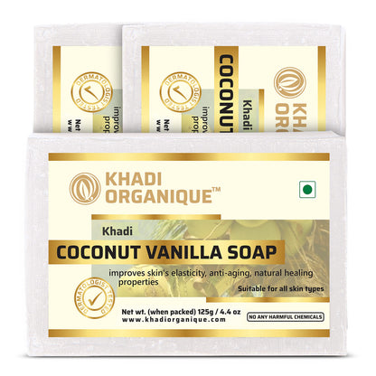 Image 1 of 125 gm / Pack of 3 for the product Khadi Organique Natural Herbal Handmade Coconut Vanilla Soap