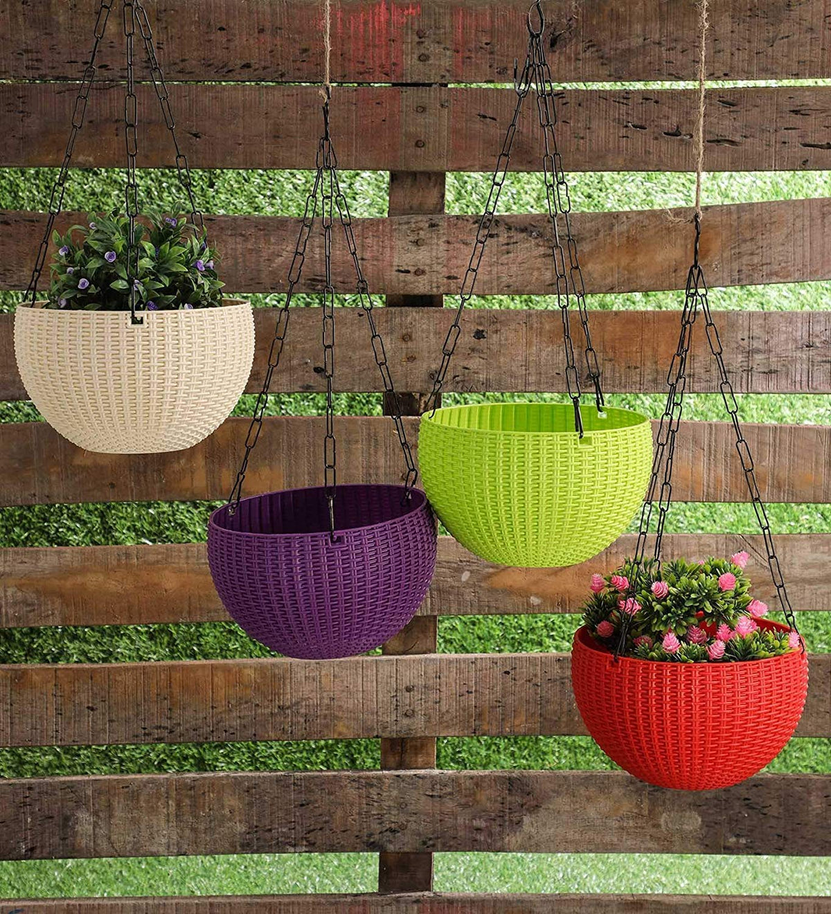 Image 3 of Go Hooked 7.1" Plastic Rattan Hanging Basket/Hanging Pots with Metal Hanging Chain/Multicolored Hanging Planters- Set of 5 (Flowers Not Included)