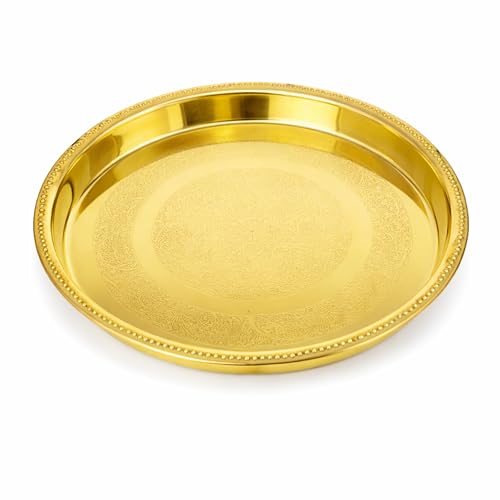 Image 7 of Spillbox Brass Pooja Thali For Mandir Traditional Pital Puja Engraved Aarti Thali -9 Inch-Petal Plate