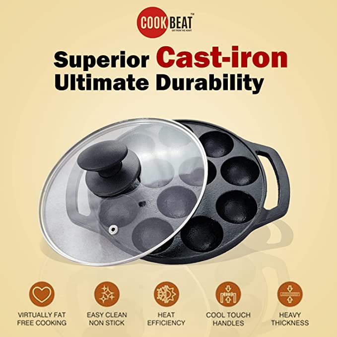 Image 4 of COOKBEAT Cast Iron Paniyaram Pan with Lid & Kadai Combo