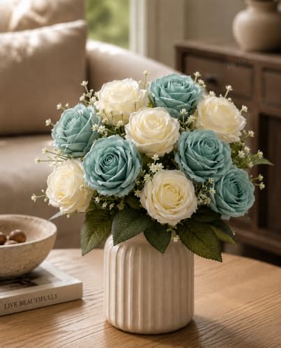 Image 3 of Divyakosh Artificial Rose Flower Bouquet 10 Rose (5 Sage Green + 5 Ivory White Roses) with Green Leaves | Faux Flowers for Home Decor, Living Room, Office, Bedroom| Vase Not Included