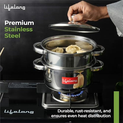 Image 3 of Lifelong 2-Tier Steamer with Glass Lid and Riveted Handles 20 cm