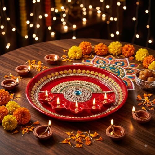 Image 10 of Red & Gold With Filigree Medallion for the product JH Gallery Pooja Thali Set