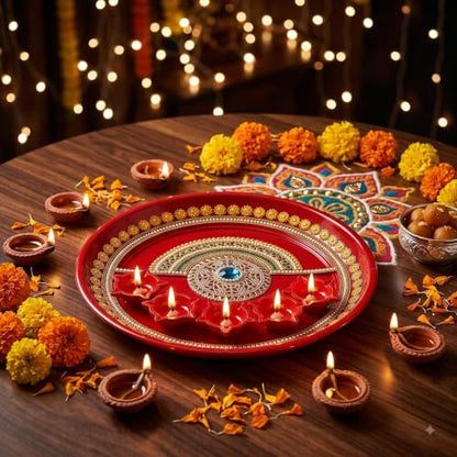 Image 10 of Red & Gold With Filigree Medallion for the product JH Gallery Pooja Thali Set