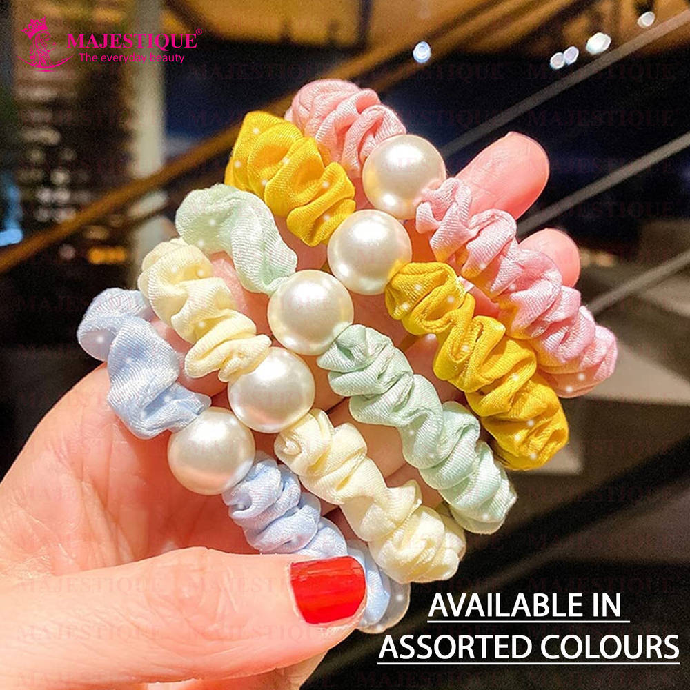 Image 5 of Majestique Classic Cotton Pearl Scrunchies, Stretchy Rubber Band, Ponytail Holder