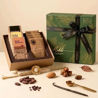 Image 1 of Default Title for the product KOKOMAE Raksha Bandhan Luxury Chocolate Gift Hamper 4 Bean-to-Bar Chocolate Bars, 3 Chocolate Coated Nuts, Complimentary Rakhi & Greeting Card