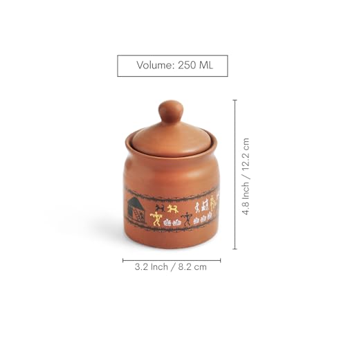 Image 5 of ExclusiveLane Warli Village Tales Handcrafted Ceramic Pickle Jar Set of 3 with Wooden Tray 250 ML