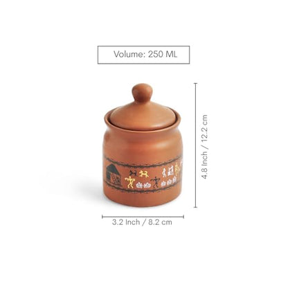 Image 5 of ExclusiveLane Warli Village Tales Handcrafted Ceramic Pickle Jar Set of 3 with Wooden Tray 250 ML