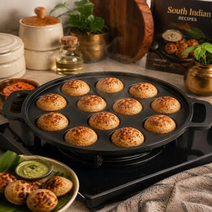 Image 1 of Default Title for the product Mixora Cast Iron Paniyaram Pan, 12 Cavity, 30 Cm, Pre-Seasoned, Naturally Non-Stick, Round Appe Maker