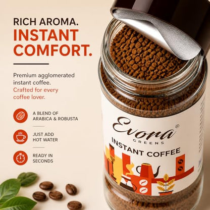 Image 6 of Evora Greens Classic Instant Coffee | Arabica & Robusta Blend | Strong Aroma & Smooth Taste | Hot, Cold & Black Coffee | Makes ~50 Cups | 500g Glass Jar