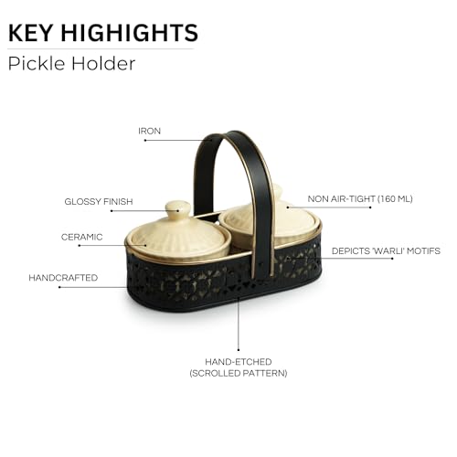 Image 4 of ExclusiveLane Warli Village Tales Ceramic Pickle Jars Set of 2 with Iron Holder 160 ml