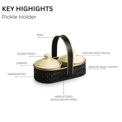 Image 4 of ExclusiveLane Warli Village Tales Ceramic Pickle Jars Set of 2 with Iron Holder 160 ml