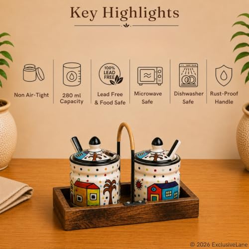 Image 5 of ExclusiveLane Hut Handpainted Ceramic Pickle Jars with Spoon & Wooden Holder Set of 2, 280 ml