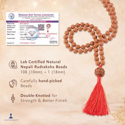 Image 2 of Chitshakti Rudraksha mala 108 +1 Beads Original | Sacred 108 + 1 Rudraksha Meditation Mala | Natural 10 mm Beads with 18 mm Guru Bead | Traditional Hand-Knotted Japa Mala with Red Tassel | Red