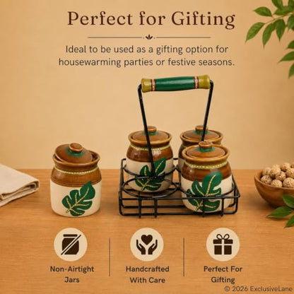 Image 9 of ExclusiveLane Shades of a Leaf Ceramic Pickle Jars with Iron Holder