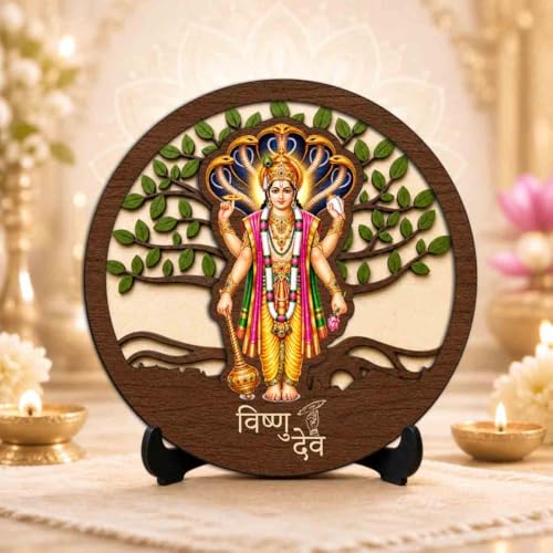 Image 2 of Vishnu Ji Premium Wooden God Idol for Indoor Temple, Living Room Shelf, Work Desk & Puja Decor - 5x5 Inch