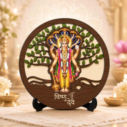 Image 2 of Vishnu Ji Premium Wooden God Idol for Indoor Temple, Living Room Shelf, Work Desk & Puja Decor - 5x5 Inch