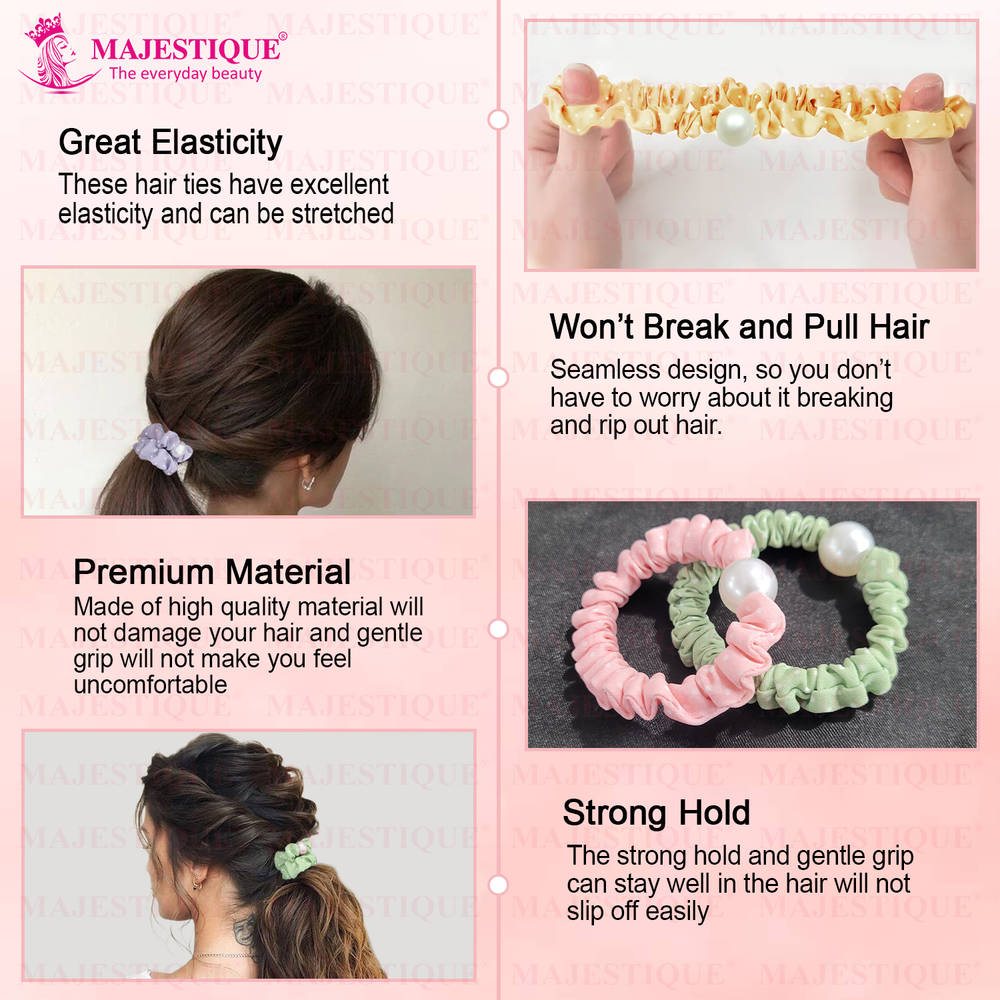 Image 3 of Majestique Classic Cotton Pearl Scrunchies, Stretchy Rubber Band, Ponytail Holder