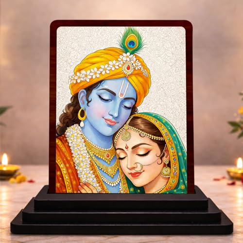Image 1 of Default Title for the product 4x5 Inch Radha Krishna Wooden Idol with HD Print | Premium Temple Desk & Temple Decor