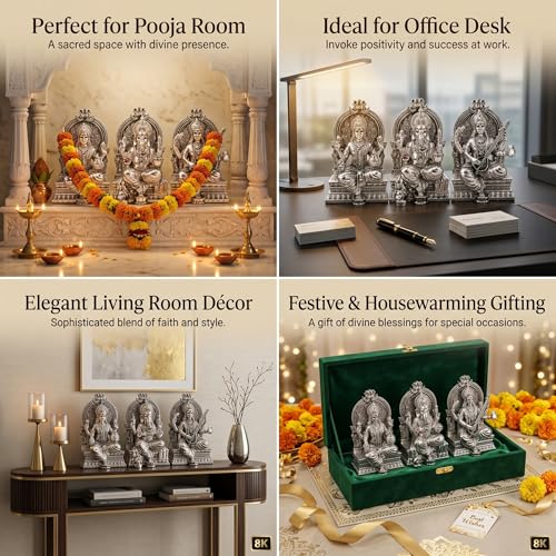 Image 5 of Dev Aastha 999 Silver Plated Lakshmi Ganesh Saraswati Idol for Diwali Decor 3.7 Inch