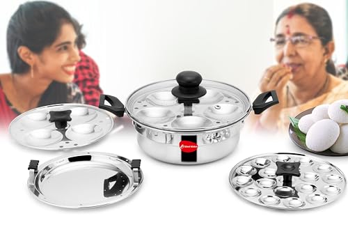 Image 1 of Default Title for the product Klassi Kichen Stainless Steel Multi Steamer Pot with Glass Lid | Idli Maker with 4 Plates (9 Idlis Each) & Mini Idli Plate | 1.5L Steamer | Gas Stove & Induction Compatible Dhokla & Vegetable Steamer