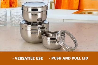 Image 6 of Sumeet Stainless Steel Apple Shape Storage Containers for kitchen with Transparent See Through Lid, 11cm, 13cm & 14.5cm Dia, 600ml, 900ml & 1250ml, Pack of 3, Silver