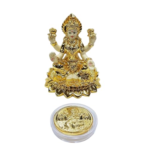 Image 6 of Gold Art India Laxmi Idol on Kamal Gold Plated with Off White Terracotta Work with Gold Plated Coin