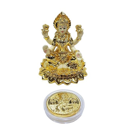 Image 6 of Gold Art India Laxmi Idol on Kamal Gold Plated with Off White Terracotta Work with Gold Plated Coin