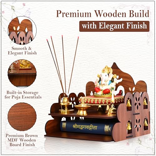 Image 3 of GLUN Small Pooja Mandir for Home Wall Mount & Tabletop Wooden Temple with Bells
