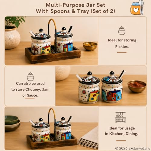 Image 4 of ExclusiveLane Hut Handpainted Ceramic Pickle Jars with Spoon & Wooden Holder Set of 2, 280 ml