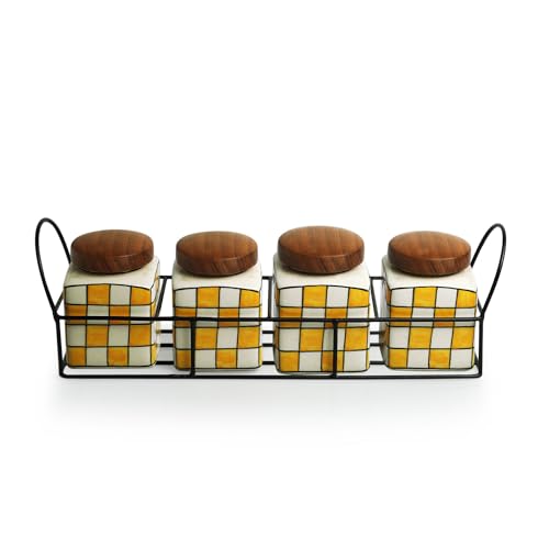 Image 3 of ExclusiveLane Shatranj Checkered Multi Utility Ceramic Jars for Kitchen Storage with Iron Holder Set of 4 240 ml