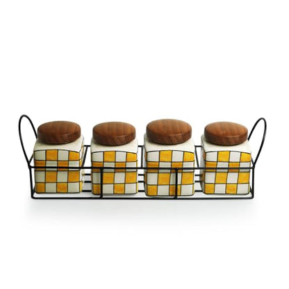 Image 3 of ExclusiveLane Shatranj Checkered Multi Utility Ceramic Jars for Kitchen Storage with Iron Holder Set of 4 240 ml