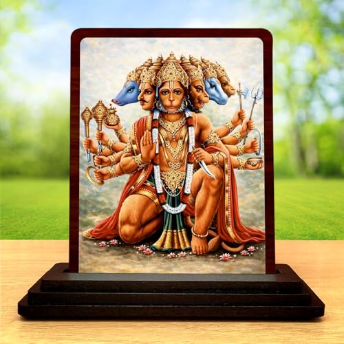 Image 2 of Panchmukhi Hanuman Traditional Pooja Wooden Idol 4x5 Inch HD Printed Table Decor for Home Temple
