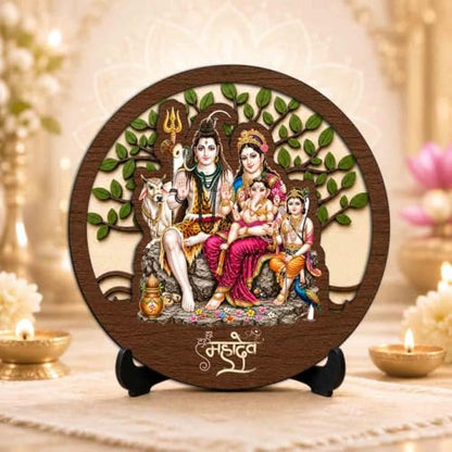 Image 2 of Shiv Parivar Premium Wooden God Idol for Indoor Temple, Living Room Shelf, Work Desk & Puja Decor - 5x5 Inch