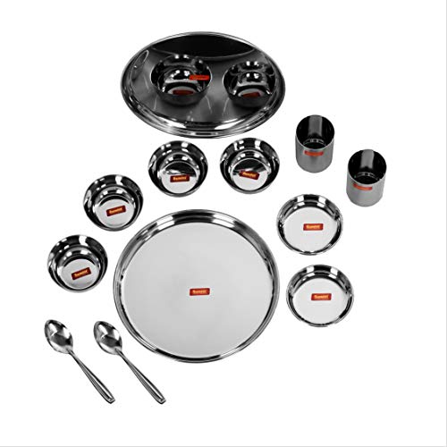 Image 5 of Sumeet Stainless Steel Solid Heavy Gauge Mirror Finish Dinner Set Of 12 Pcs (2 Plate, 2 Small/Halwa Plate, 4 Bowl/Wati, 2 Glass, 2 Spoon)