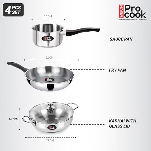 Image 6 of MILTON Pro Cook 3-Layer Thick Triply Bottom Stainless Steel 4 Pc Kitchen Set