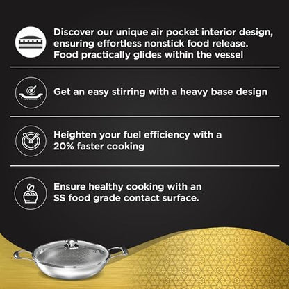 Image 3 of Preethi Diva Collection Triply Stainless Steel Kadai with API Technology, 20 cm, Gas & Induction Compatible, with Glass Lid, Metal Spatula Friendly