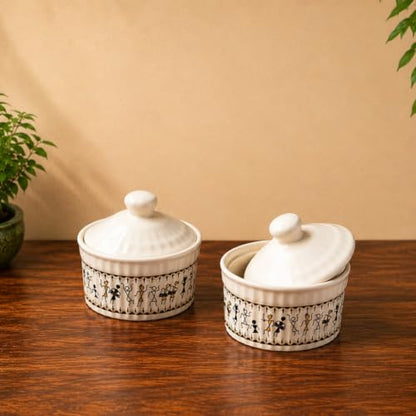 Image 1 of Default Title for the product ExclusiveLane Warli Village Tales Handcrafted Ceramic Pickle Jar Set (Set of 2, 160 ml)