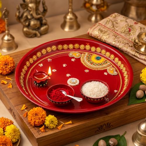 Image 1 of Red & Gold With Golden Paisley Motif for the product JH Gallery Pooja Thali Set