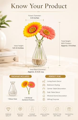 Image 3 of Divyakosh Artificial Flower Vase | Glass Vase (1) with Gerbera Flowers (2) | Home Decoration Items for Living Room | Aesthetic Home Decor, Vase for Home deﾌ…or'