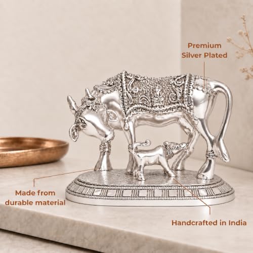 Image 2 of elaris 999 Pure Silver Plated Kamdhenu Cow Idol Showpiece – 4.9 Inch, Silver Plated