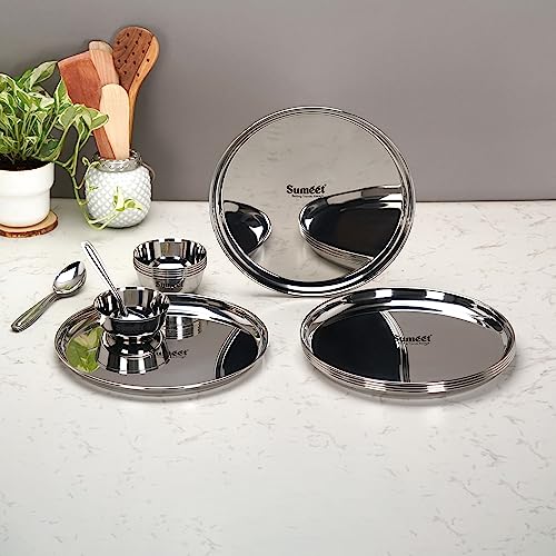 Image 6 of Sumeet Solid Stainless Steel Heavy Gauge Mirror Finish Dinner Set of 18 Pcs (6 Plate, 6 Bowl/Wati, 6 Spoon), Silver