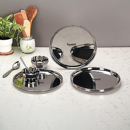 Image 6 of Sumeet Solid Stainless Steel Heavy Gauge Mirror Finish Dinner Set of 18 Pcs (6 Plate, 6 Bowl/Wati, 6 Spoon), Silver