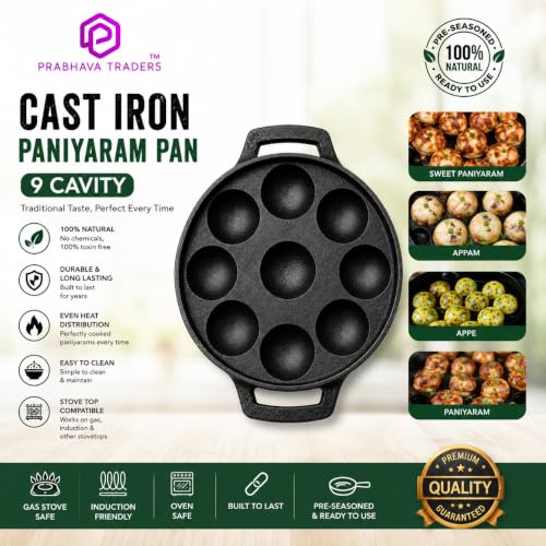Image 2 of PRABHAVA TRADERS Pre-Seasoned Cast Iron Appam Maker | 9 Pits Paniyaram/Appe Pan | Ponganalu Maker | Gas Stove & Induction Compatible | Heavy Duty Naturally Nonstick | Round