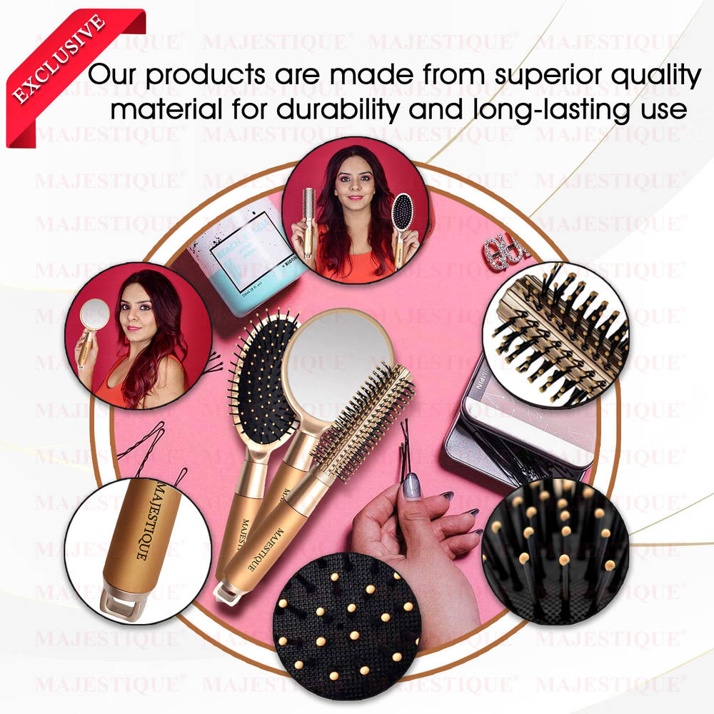 Image 6 of Majestique Golden Set Of Round And Oval Cushion Hair Brushes With Mirror