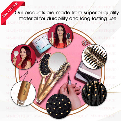 Image 6 of Majestique Golden Set Of Round And Oval Cushion Hair Brushes With Mirror