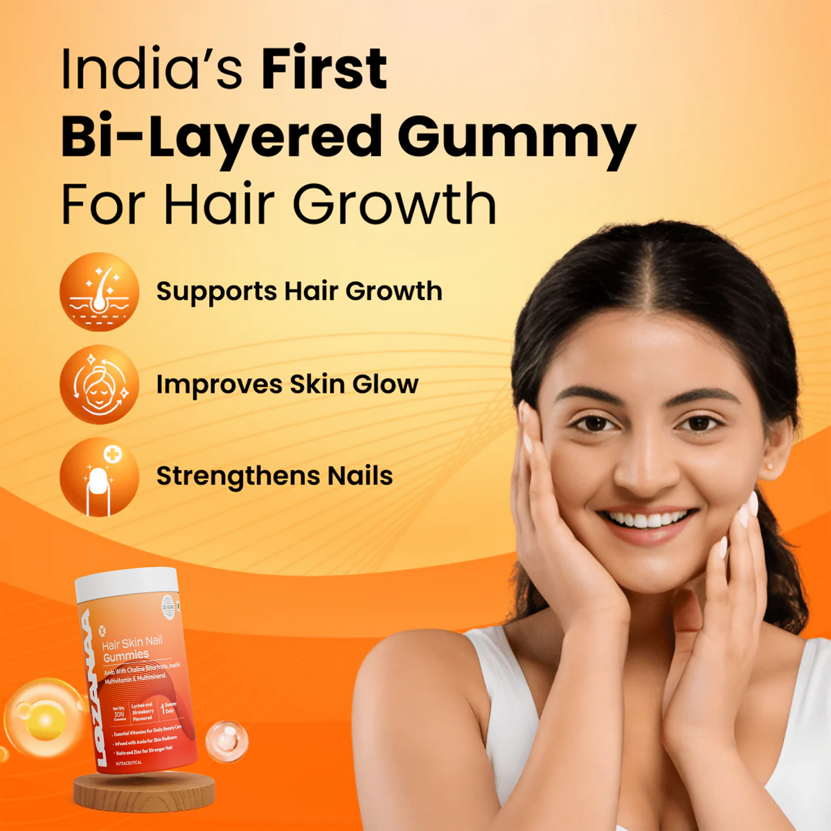 Image 2 of Lozanaa Hair Skin Nail Gummies - Lychee & Strawberry Flavour