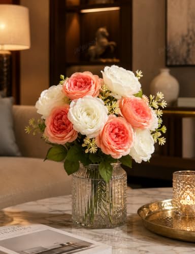 Image 2 of Divyakosh Artificial Flowers for Vase (10 Peonies), Artificial Flowers Bunch (Vase Not Included), Luxury Floral Centerpiece for Living Room Dining Table Office Decor