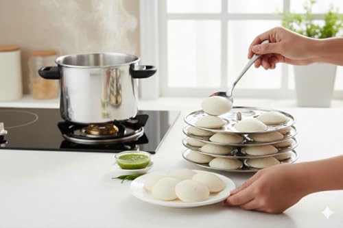 Image 5 of MAHAVIR Heavy Gauge Stainless Steel Idli Cooker Kitchen Accessories (Silver, 6 Plate, 24 Pcs), 3 liter, 21 X 21 X 21 Centimeters